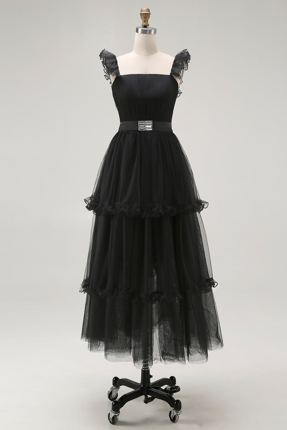 Schwarzes Tüll Spaghettiträger A-Linie Abendkleid