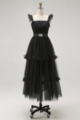 Schwarzes Tüll Spaghettiträger A-Linie Abendkleid