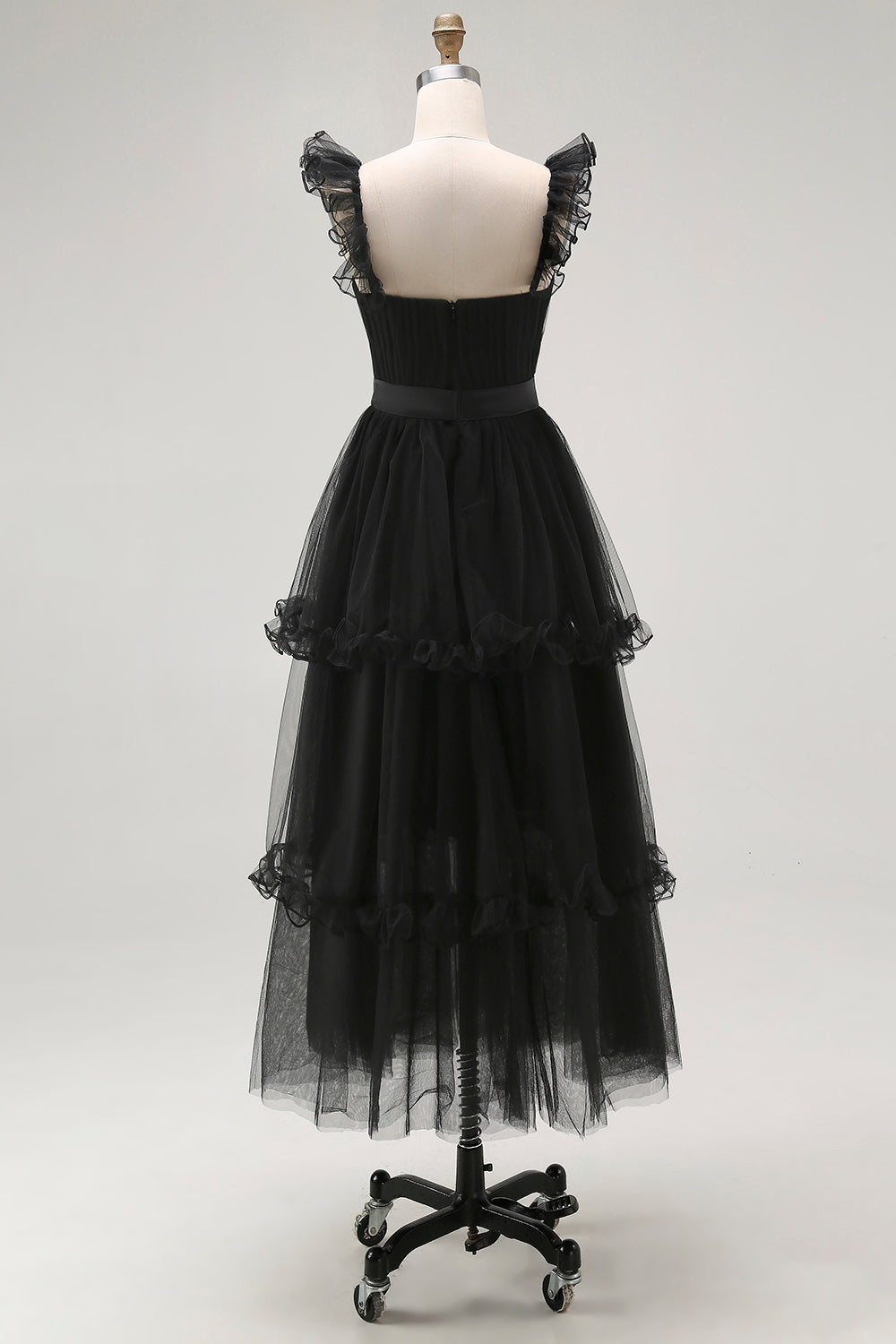 Schwarzes Tüll Spaghettiträger A-Linie Abendkleid