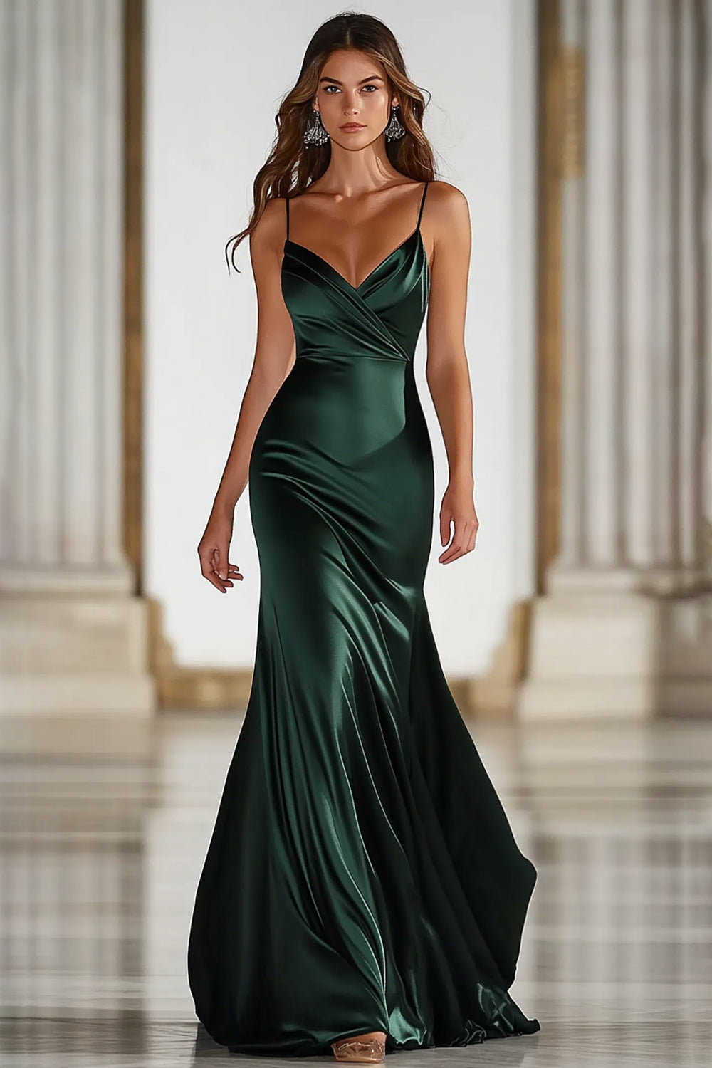 Zapaka Damen Dunkelgrünes Militär Ballkleid mit Spaghettiträger Meerjungfrau Satin Langes Abendkleid