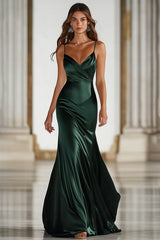 Zapaka Damen Dunkelgrünes Militär Ballkleid mit Spaghettiträger Meerjungfrau Satin Langes Abendkleid