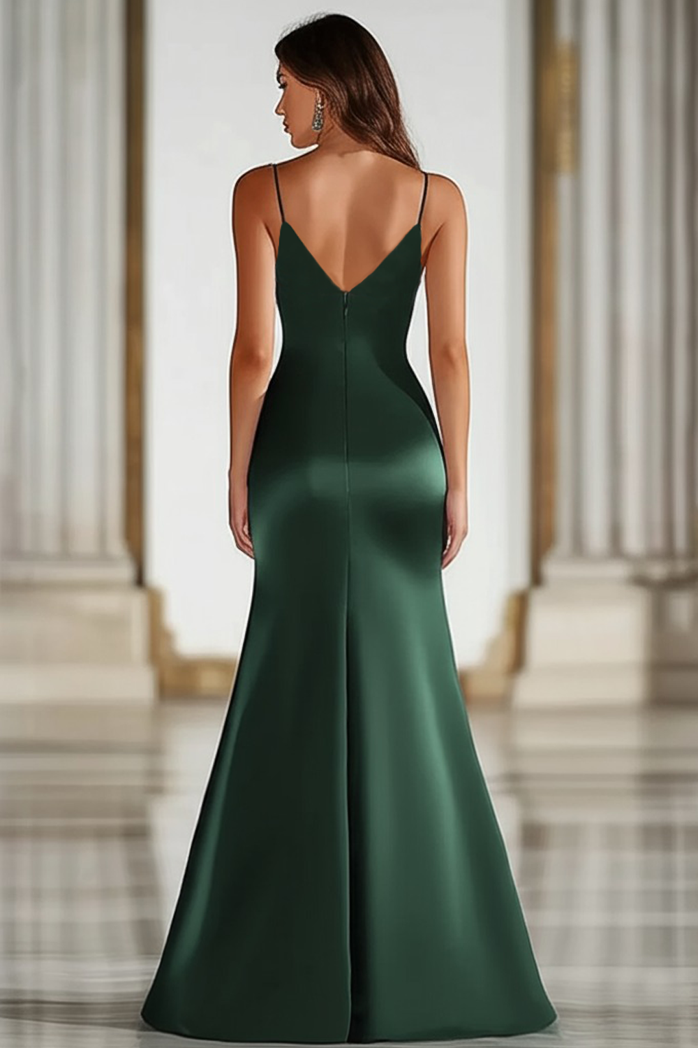 Dunkelgrünes Spaghettiträger Meerjungfrauen Satin Langes Militär Ballkleid