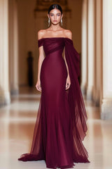 Zapaka Damen Cabernet Schulterfreies Militär Ballkleid Meerjungfrau Tüll Langes Abendkleid