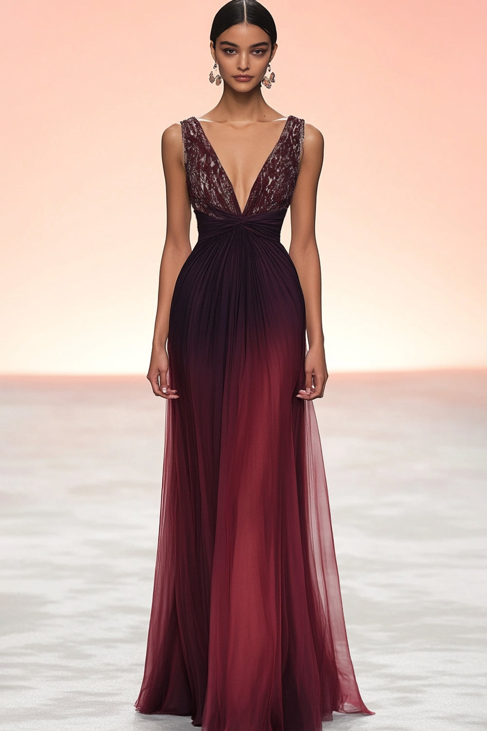 Zapaka Damen Burgundy Ballkleid mit Reißverschluss Gerafftes Etui V-Ausschnitt Farbverlauf Langes Abendkleid