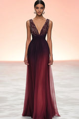Zapaka Damen Burgundy Ballkleid mit Reißverschluss Gerafftes Etui V-Ausschnitt Farbverlauf Langes Abendkleid