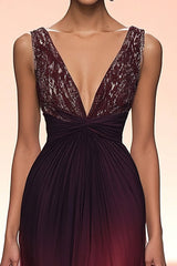 Burgundy Rüschen V-Ausschnitt Ballkleid mit Reißverschluss