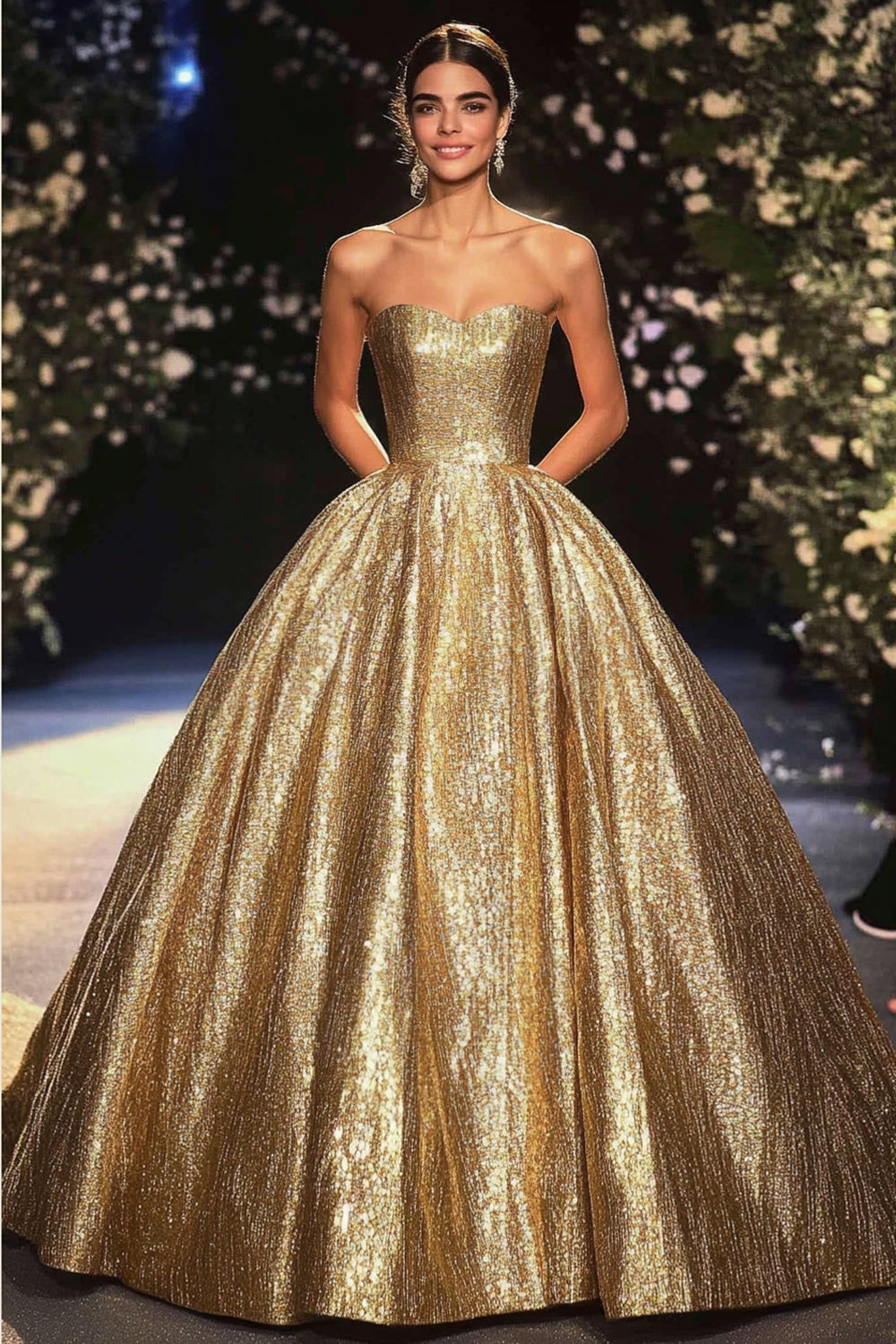 Zapaka Damen Gold Gala Kleid A-Linie Metallic Satin Pailletten Trägerloses Langes Ballkleid