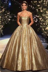 Zapaka Damen Gold Gala Kleid A-Linie Metallic Satin Pailletten Trägerloses Langes Ballkleid