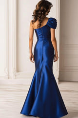Dunkelblaues Meerjungfrauen Satin Militär Ballkleid mit einer Schulter