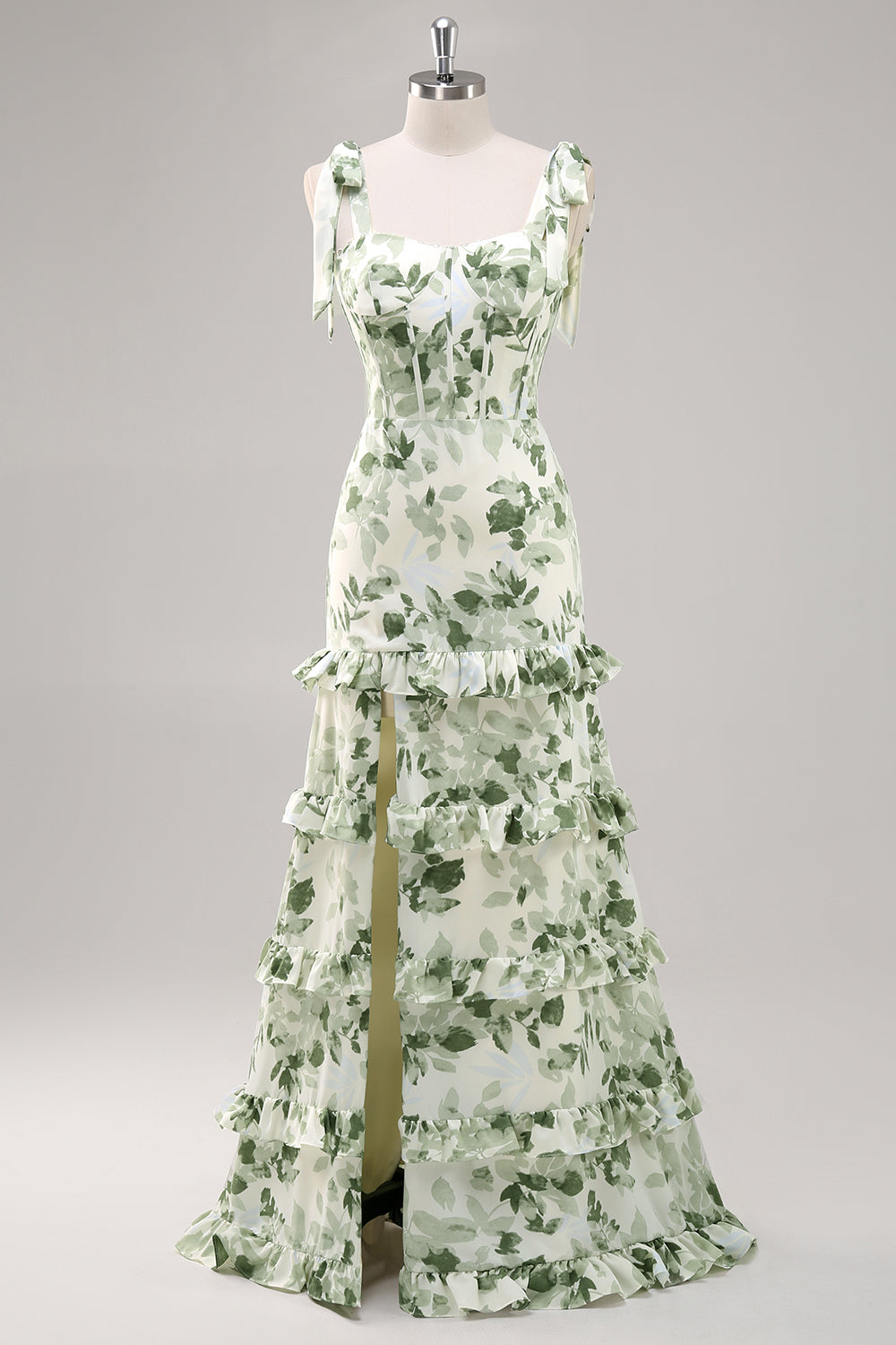 Grüne Blume A-Linie Langes Brautjungfernkleid mit quadratischem Ausschnitt und Schlitz
