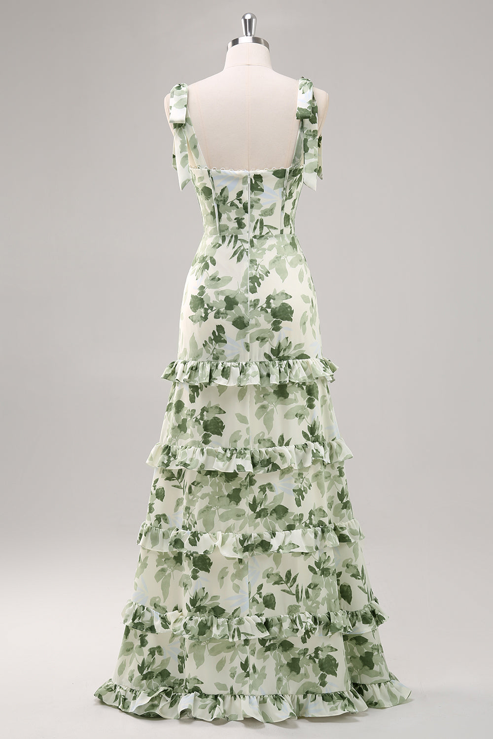 Grüne Blume A-Linie Langes Brautjungfernkleid mit quadratischem Ausschnitt und Schlitz