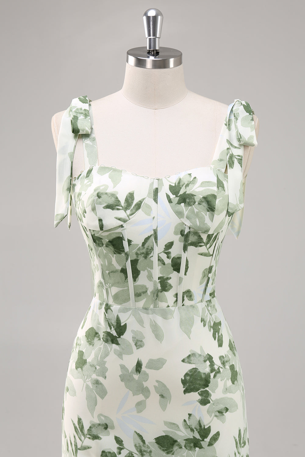 Grüne Blume A-Linie Langes Brautjungfernkleid mit quadratischem Ausschnitt und Schlitz