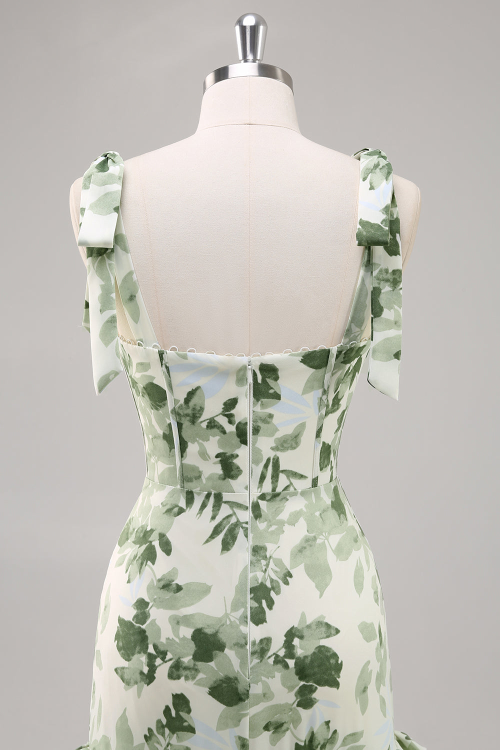 Grüne Blume A-Linie Langes Brautjungfernkleid mit quadratischem Ausschnitt und Schlitz