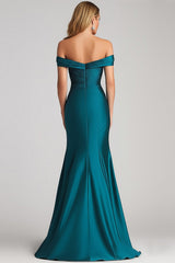 Mermaid Schulterfreies Pfauenblaues Satin Abendkleid mit Rüschen