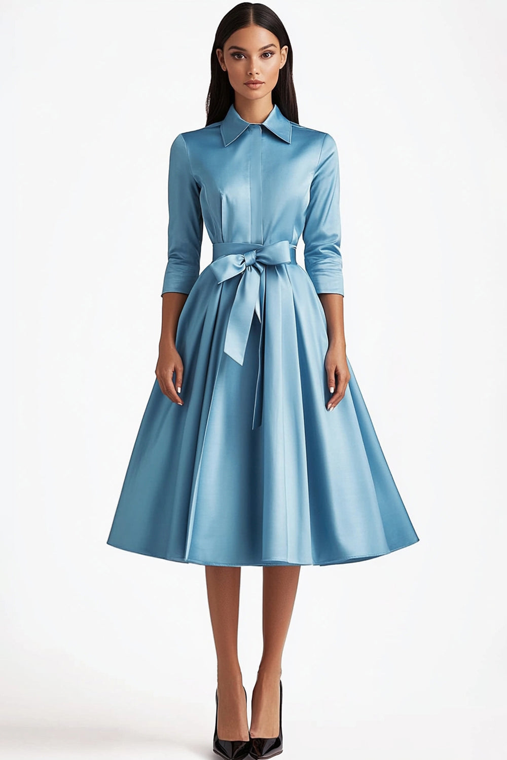 Blaues A-Linie Mittellanges Partykleid mit langen Ärmeln und Knopfverschlüssen
