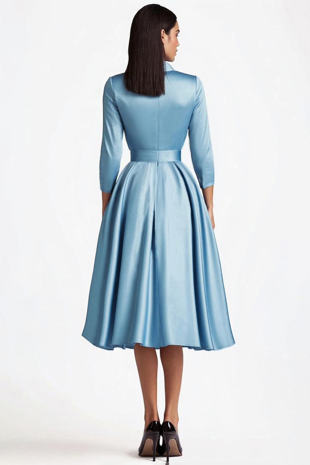 Blaues A-Linie Mittellanges Partykleid mit langen Ärmeln und Knopfverschlüssen