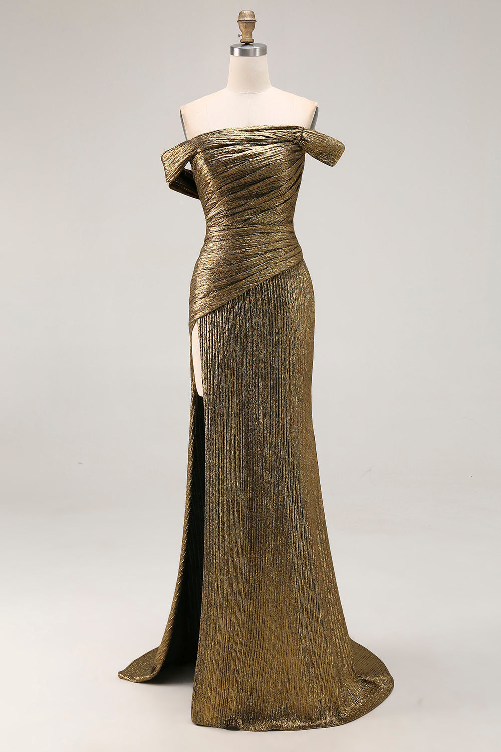 Gold Schulterfreies Etui Abendkleid aus Metallic Satin mit Schlitz