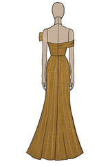 Gold Schulterfreies Etui Abendkleid aus Metallic Satin mit Schlitz