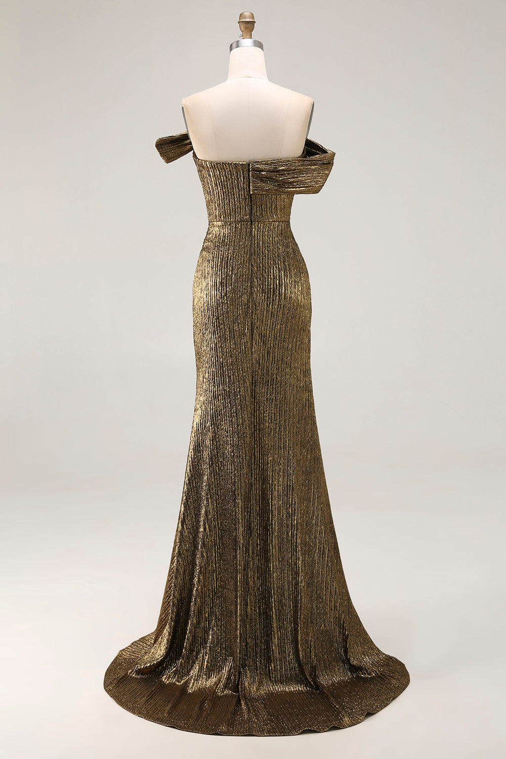 Gold Schulterfreies Etui Abendkleid aus Metallic Satin mit Schlitz