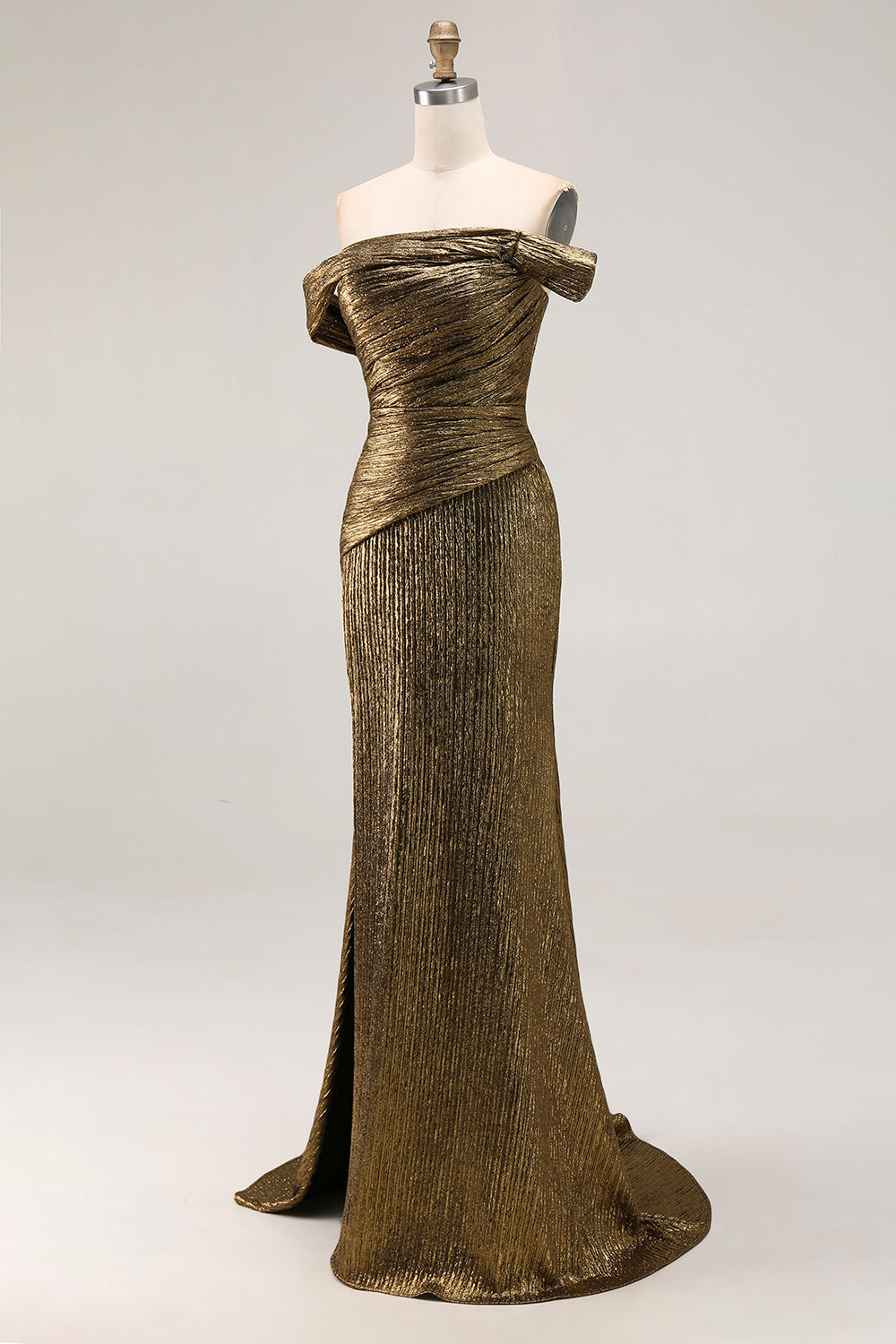 Gold Schulterfreies Etui Abendkleid aus Metallic Satin mit Schlitz