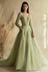 Zapaka Damen Langärmeliges Ballkleid Dusty Sage A Linie V-Ausschnitt Tüll Spitze Appliziertes Langes Abendkleid