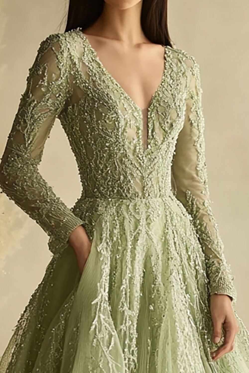 Dusty Sage A Linie Langärmeliges Ballkleid aus Tüll mit V-Ausschnitt
