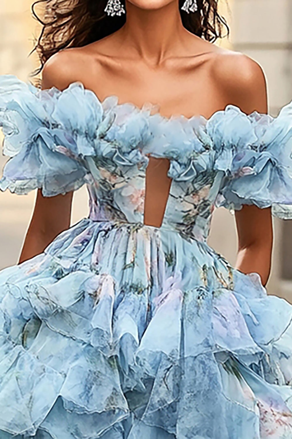 Geblümtes Blaues Langes A-Linie Schulterfreies Ballkleid mit Rüschen