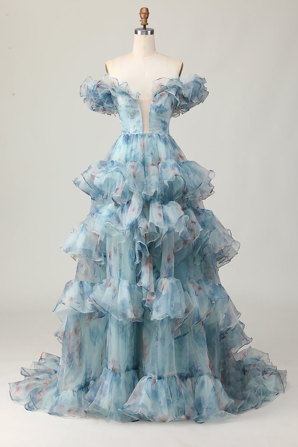 Geblümtes Blaues Langes A-Linie Schulterfreies Ballkleid mit Rüschen