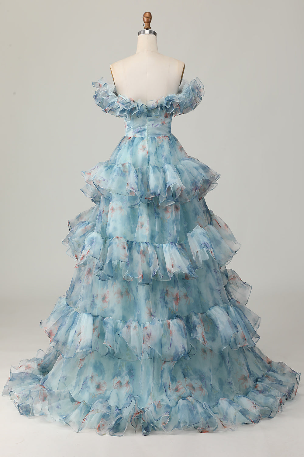 Geblümtes Blaues Langes A-Linie Schulterfreies Ballkleid mit Rüschen