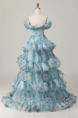Geblümtes Blaues A-Linie Schulterfreies Ballkleid mit Rüschen