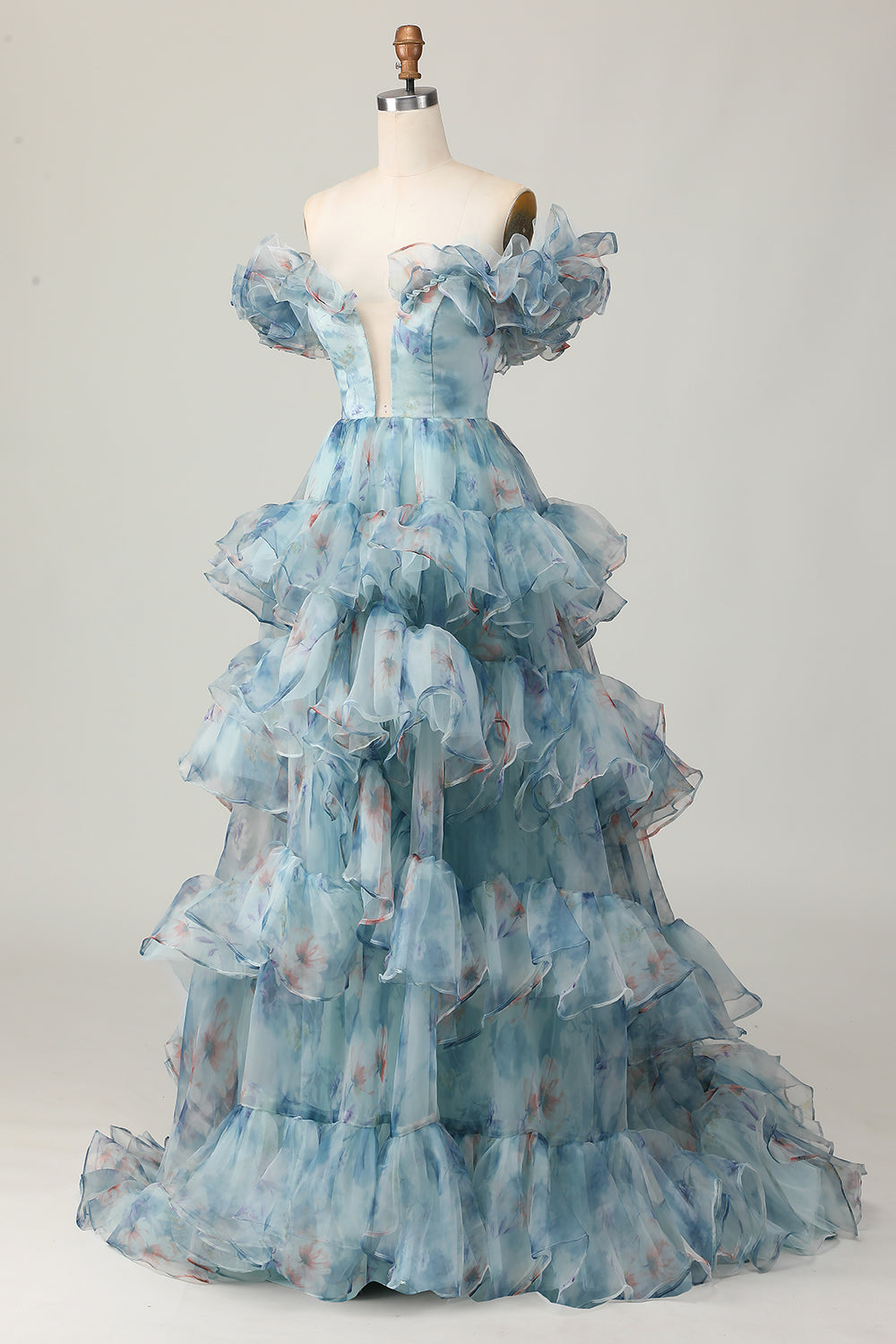 Geblümtes Blaues Langes A-Linie Schulterfreies Ballkleid mit Rüschen