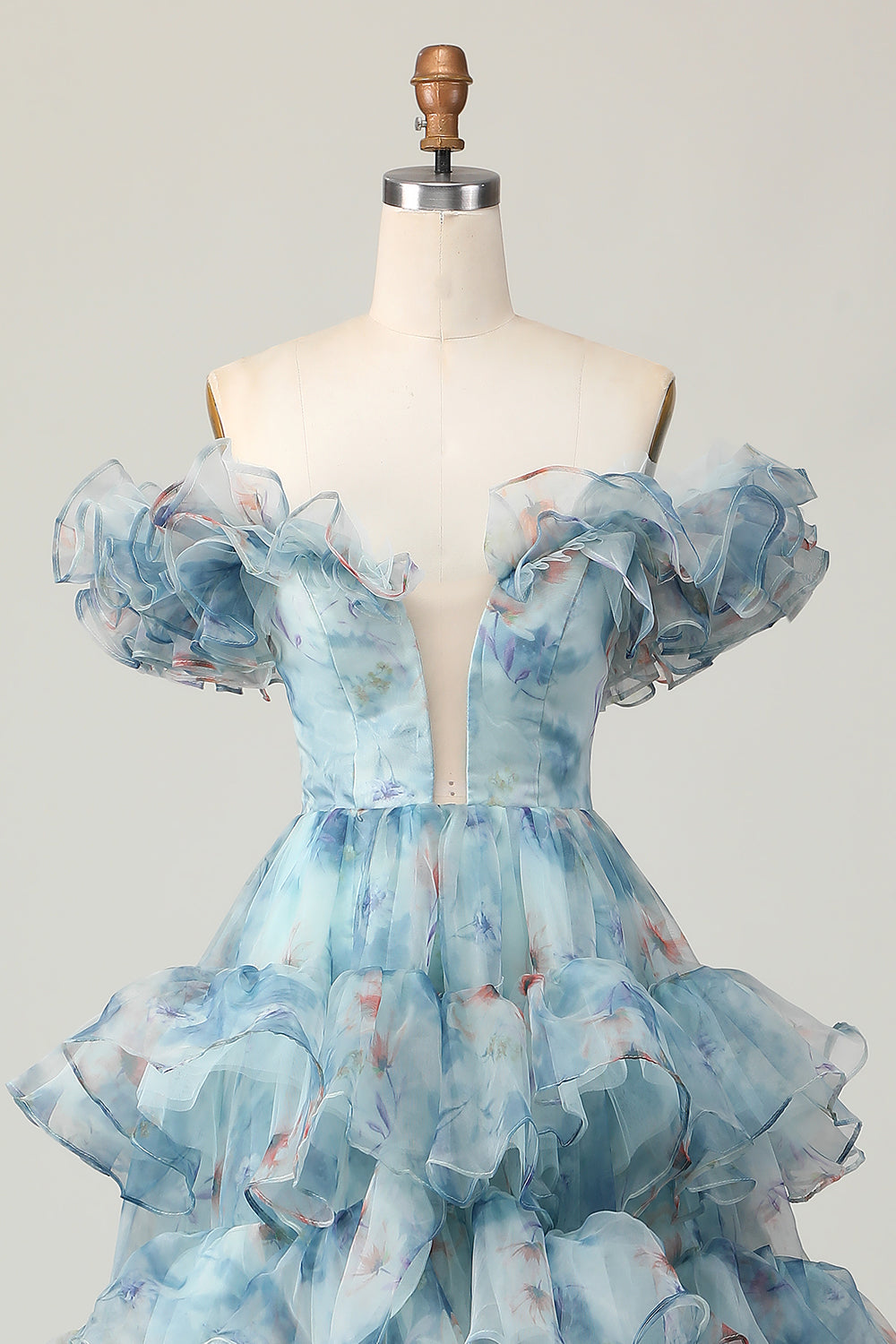 Geblümtes Blaues Langes A-Linie Schulterfreies Ballkleid mit Rüschen