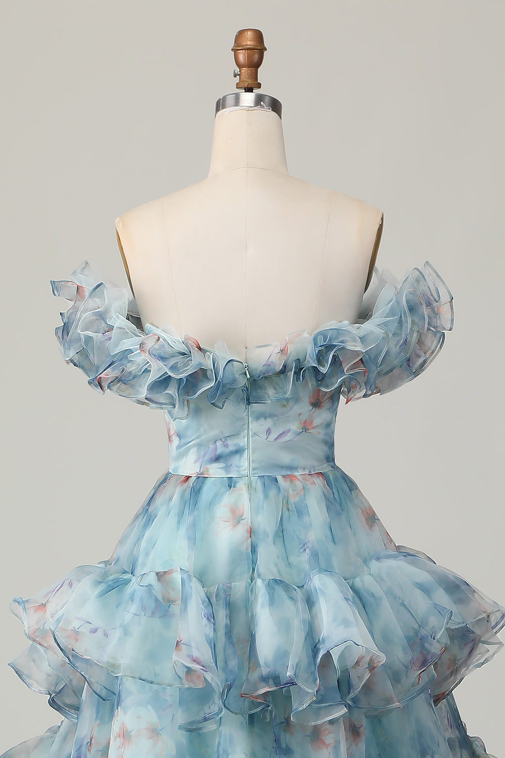 Geblümtes Blaues Langes A-Linie Schulterfreies Ballkleid mit Rüschen