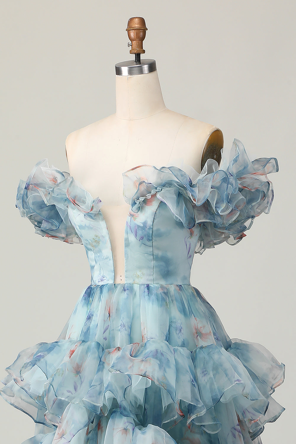 Geblümtes Blaues Langes A-Linie Schulterfreies Ballkleid mit Rüschen