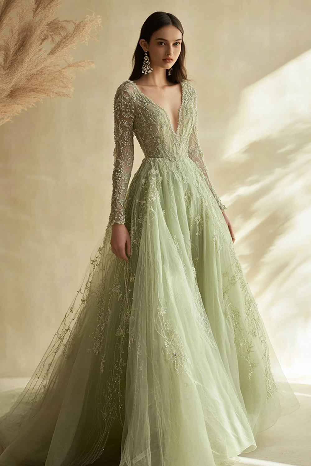Zapaka Frauen Dusty Sage Tüll V-Ausschnitt Ballkleid mit langen Ärmeln Spitze Applikation A-Linie Abendkleid