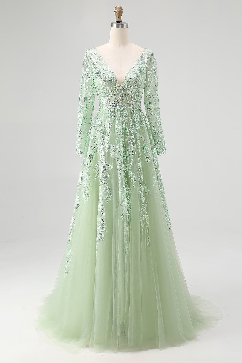 Dusty Sage V-Ausschnitt Spitze Tüll Abendkleid mit langen Ärmeln