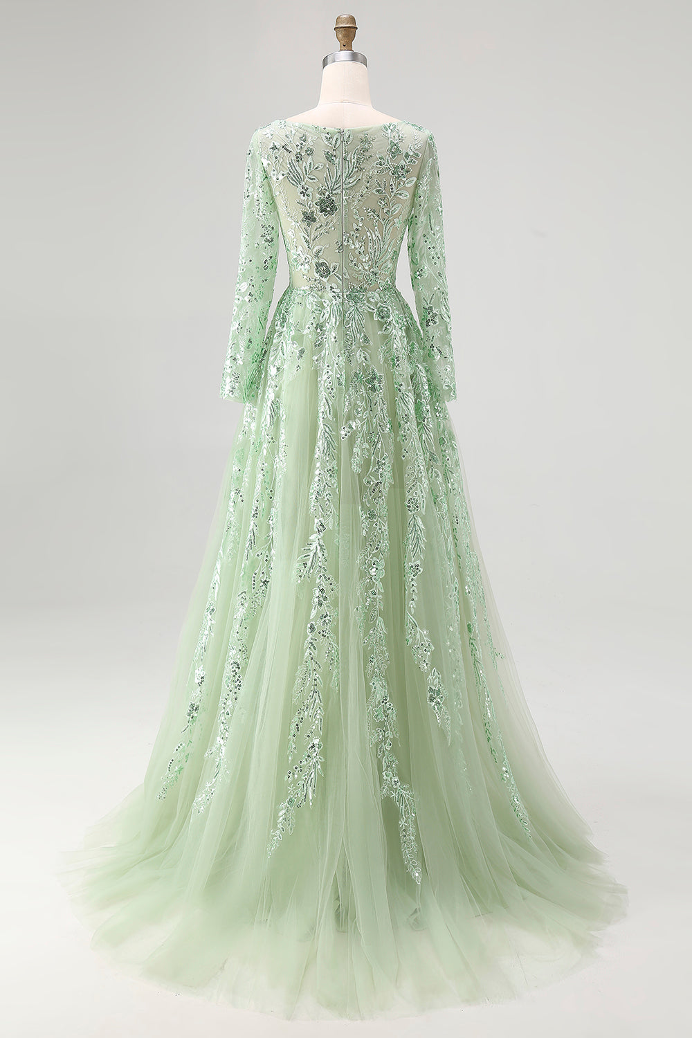 Dusty Sage V-Ausschnitt Spitze Tüll Abendkleid mit langen Ärmeln