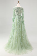 Dusty Sage V-Ausschnitt Spitze Tüll Ballkleid mit langen Ärmeln und Applikationen