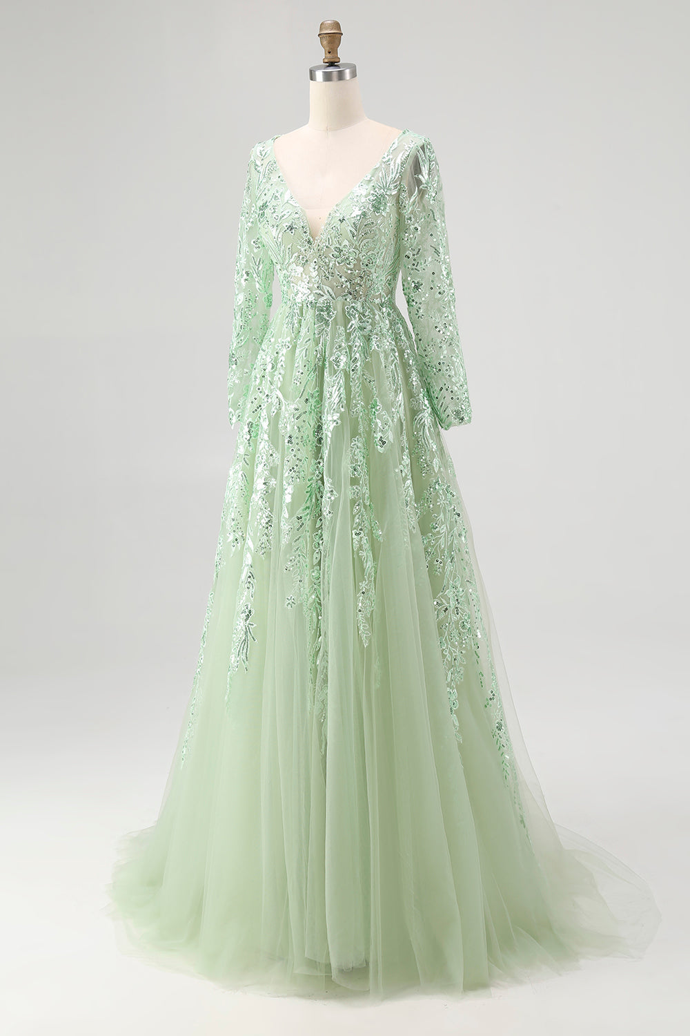 Dusty Sage V-Ausschnitt Spitze Tüll Abendkleid mit langen Ärmeln