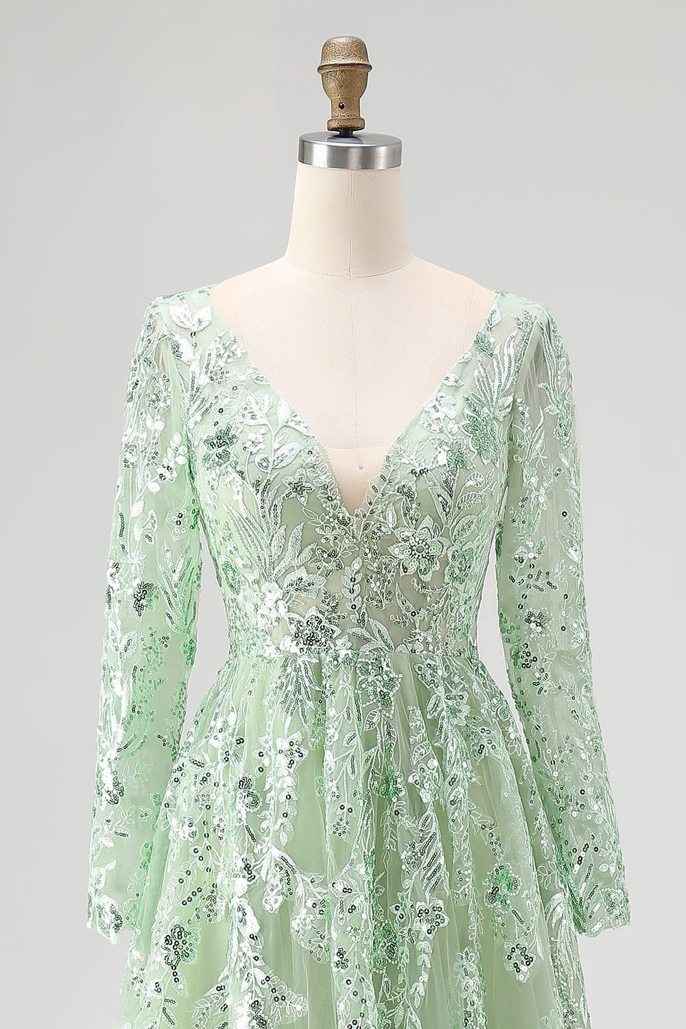 Dusty Sage V-Ausschnitt Spitze Tüll Abendkleid mit langen Ärmeln