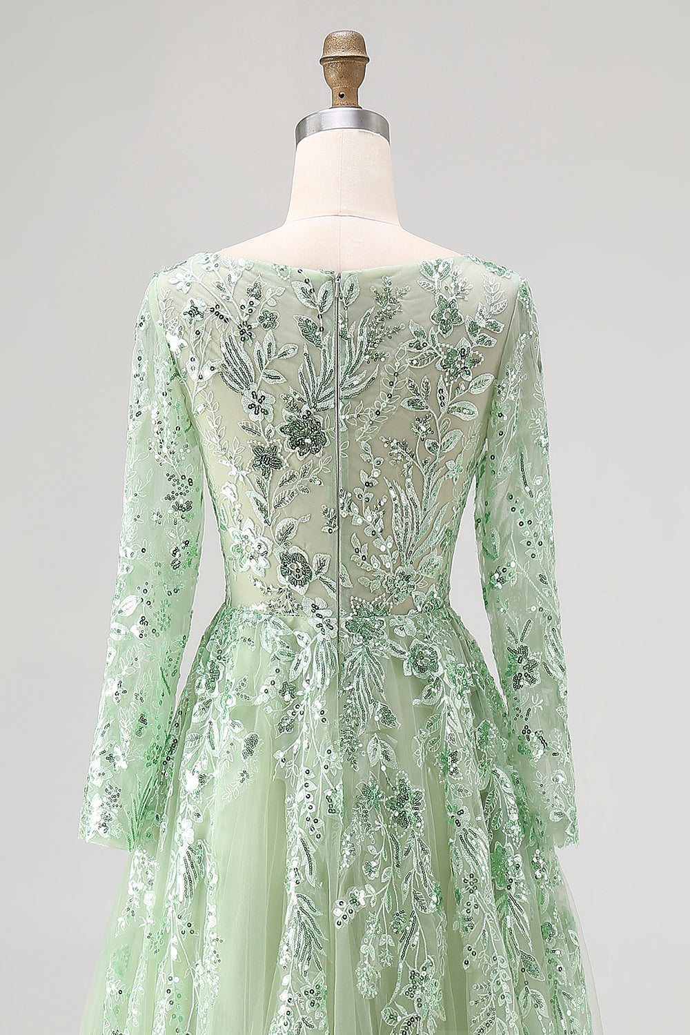 Dusty Sage V-Ausschnitt Spitze Tüll Abendkleid mit langen Ärmeln