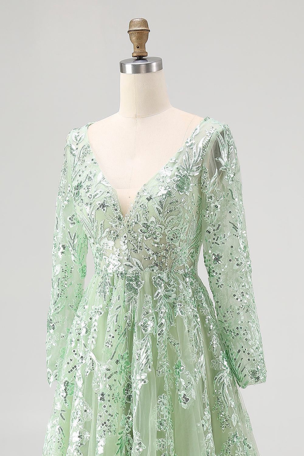 Dusty Sage V-Ausschnitt Spitze Tüll Abendkleid mit langen Ärmeln