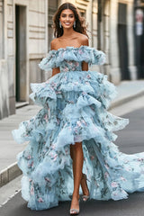 Blaues Asymmetrisches Schulterfreies Ballkleid aus Organza mit Blumenmuster und Rüschen