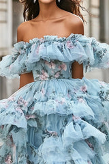 Blaues Asymmetrisches Schulterfreies Ballkleid aus Organza mit Blumenmuster und Rüschen