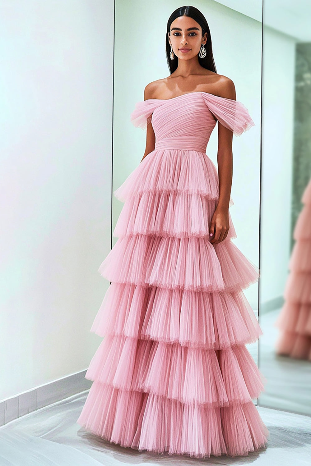Schulterfreies A-Linie Rosa Ballkleid aus plissiertem Tüll