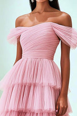 Schulterfreies A-Linie Rosa Ballkleid aus plissiertem Tüll