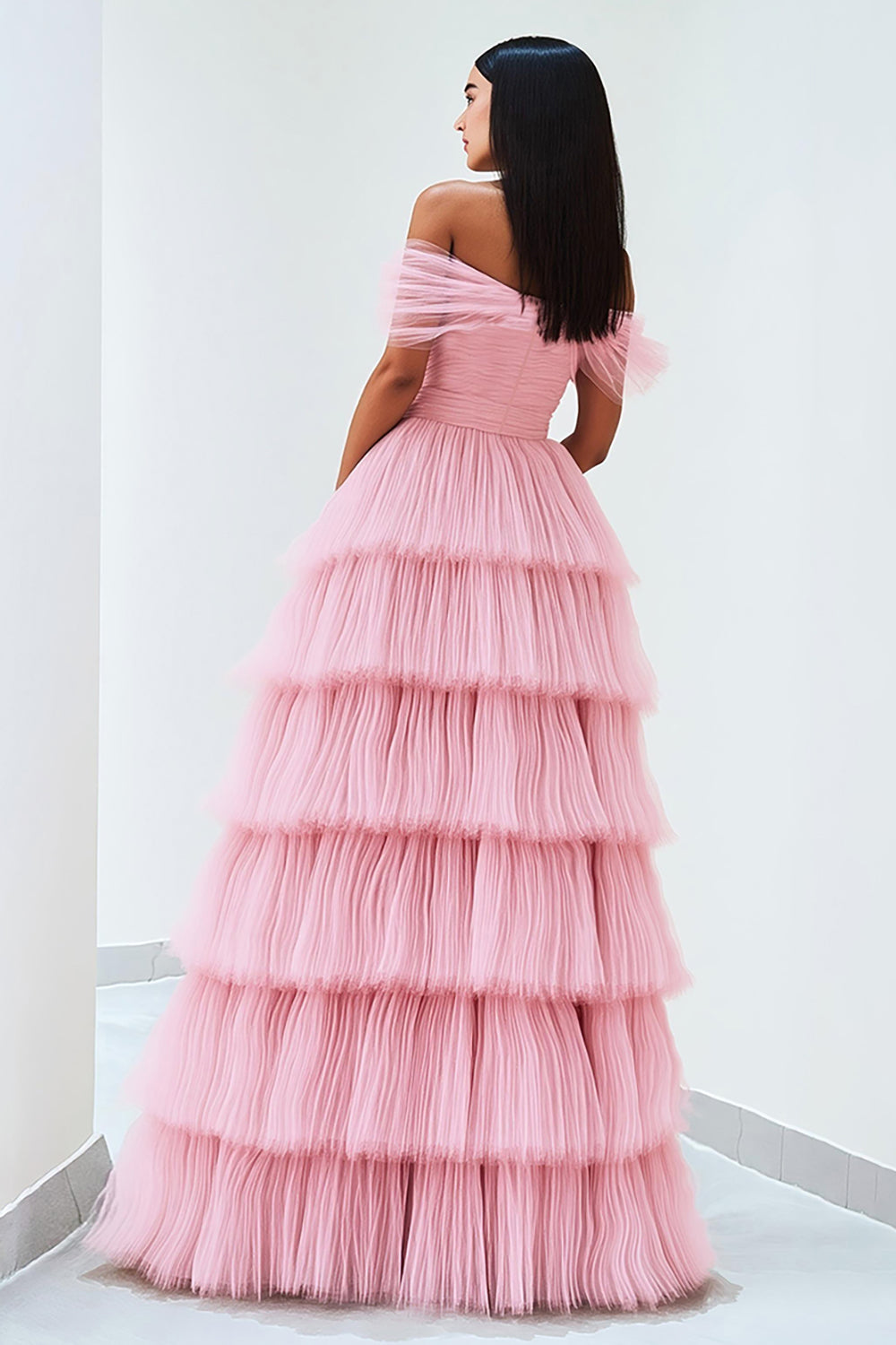Schulterfreies A-Linie Rosa Ballkleid aus plissiertem Tüll