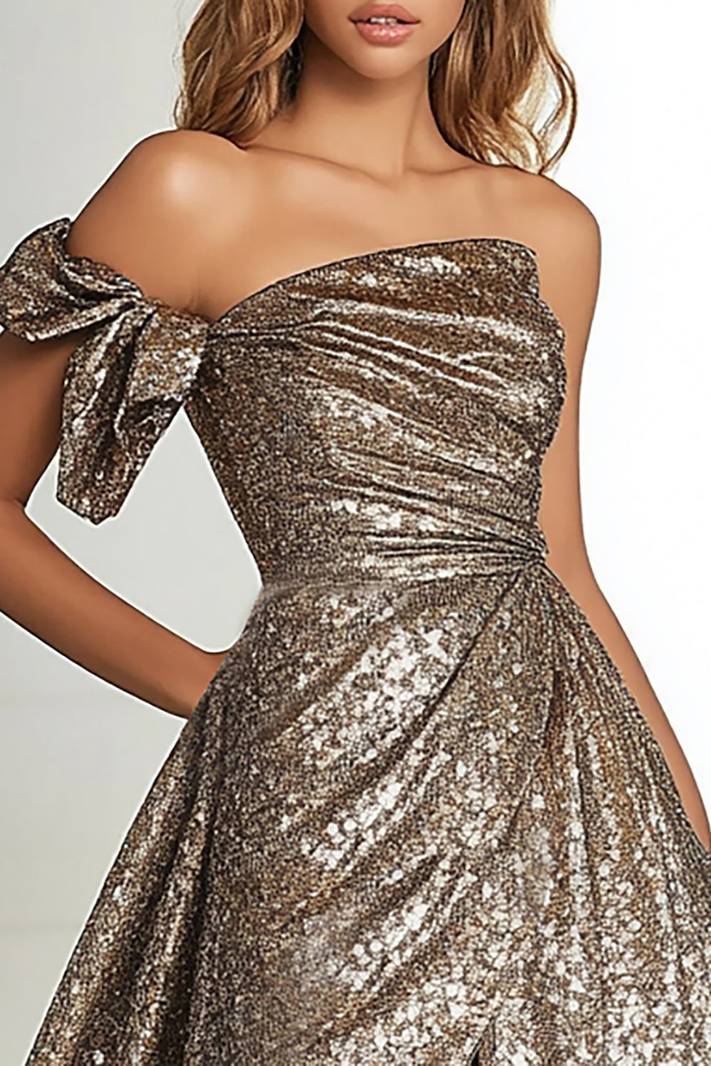 Gold Glitter A Linie Eine Schulter Plissee Ballkleid mit Schlitz