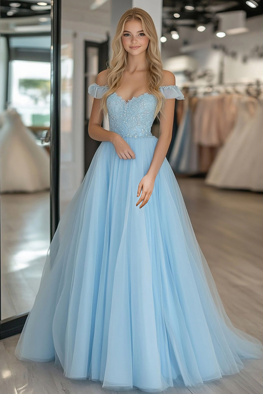 Spitze Tüll A Linie Himmelblaues Schulterfreies Ballkleid