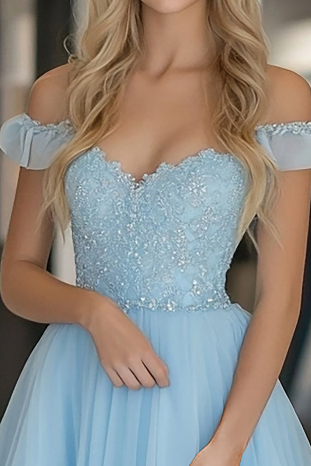Spitze Tüll A Linie Himmelblaues Schulterfreies Ballkleid